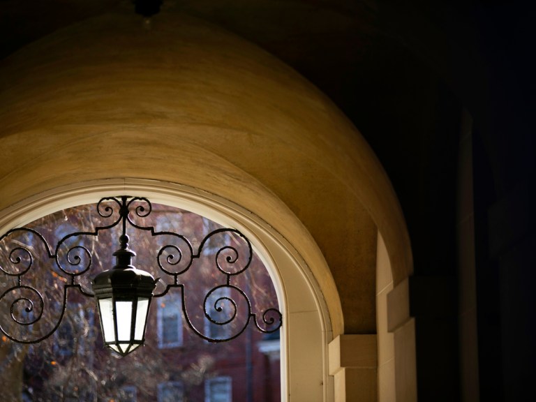 An archway with a hanging light