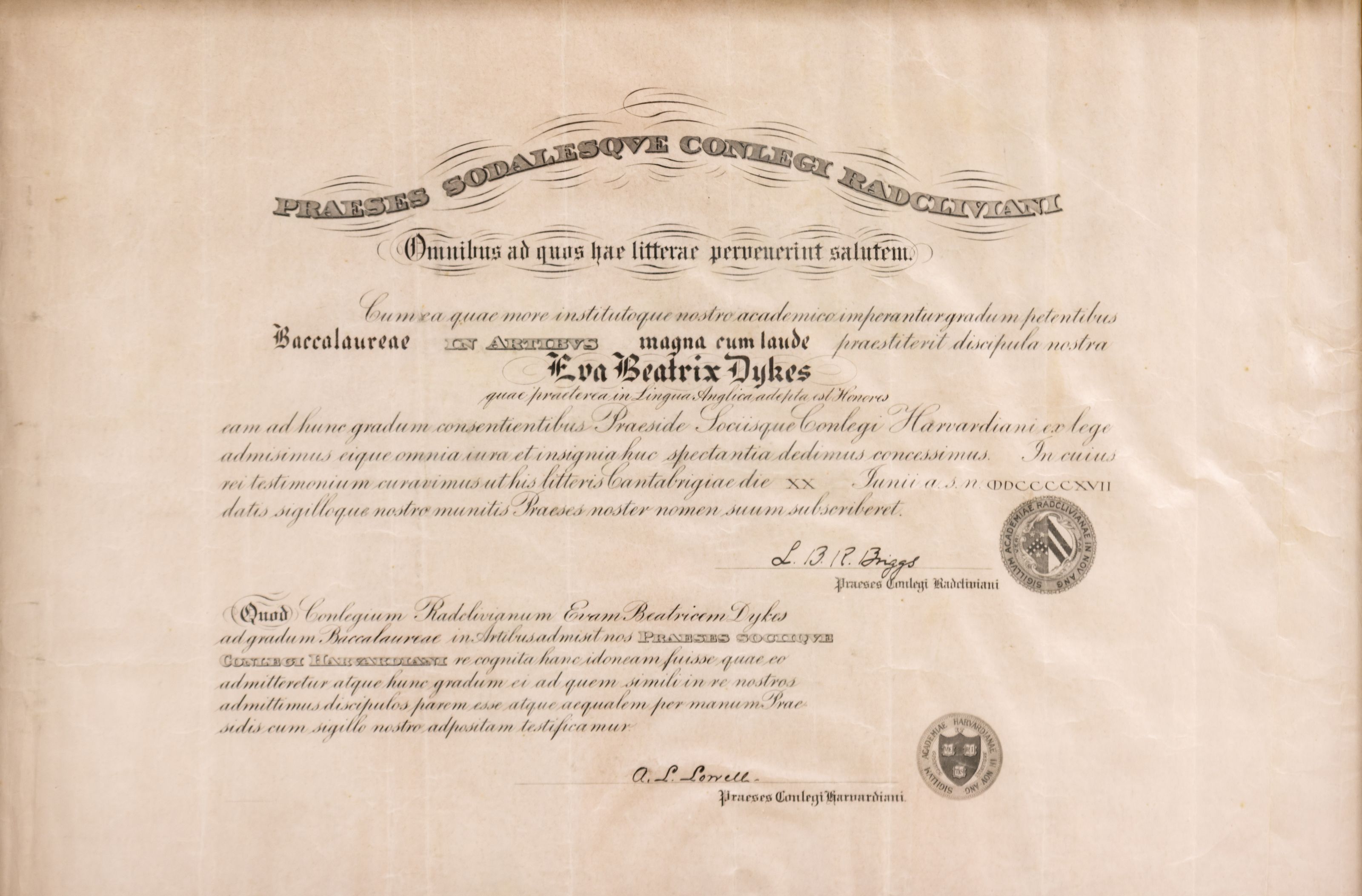 Eva B. Dykes diploma from Radcliffe
