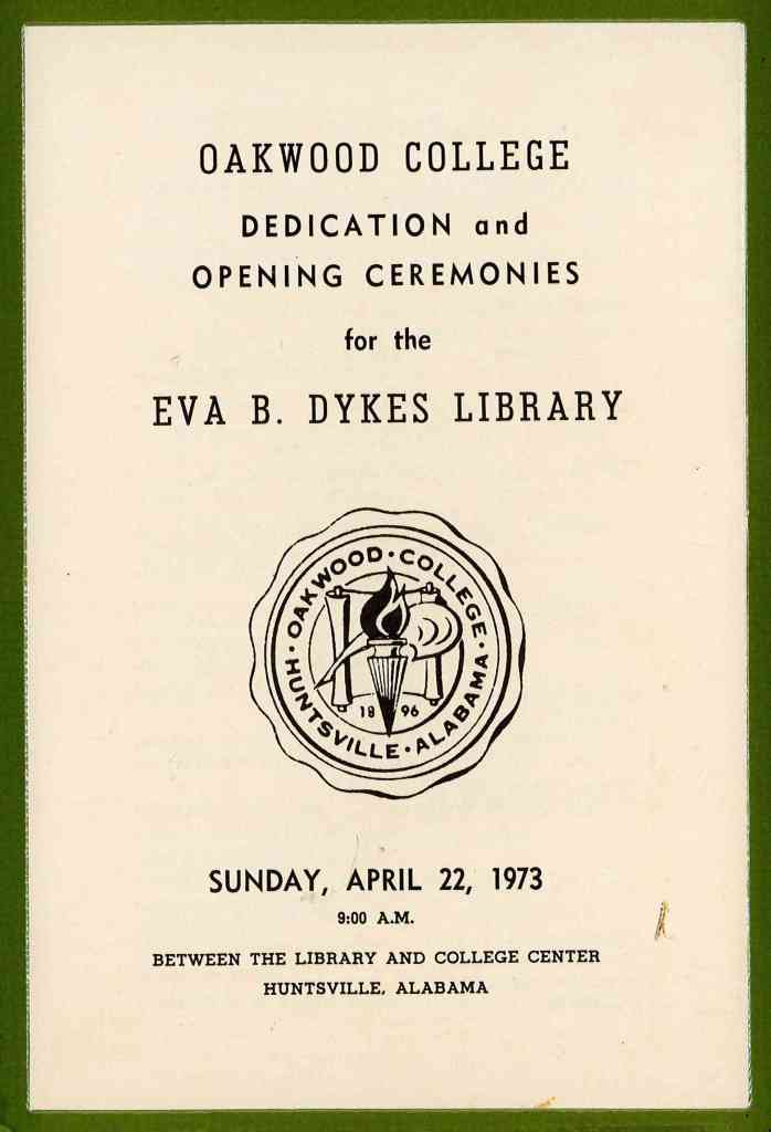A pamphlet talking about the dedication of Eva Dykes library
