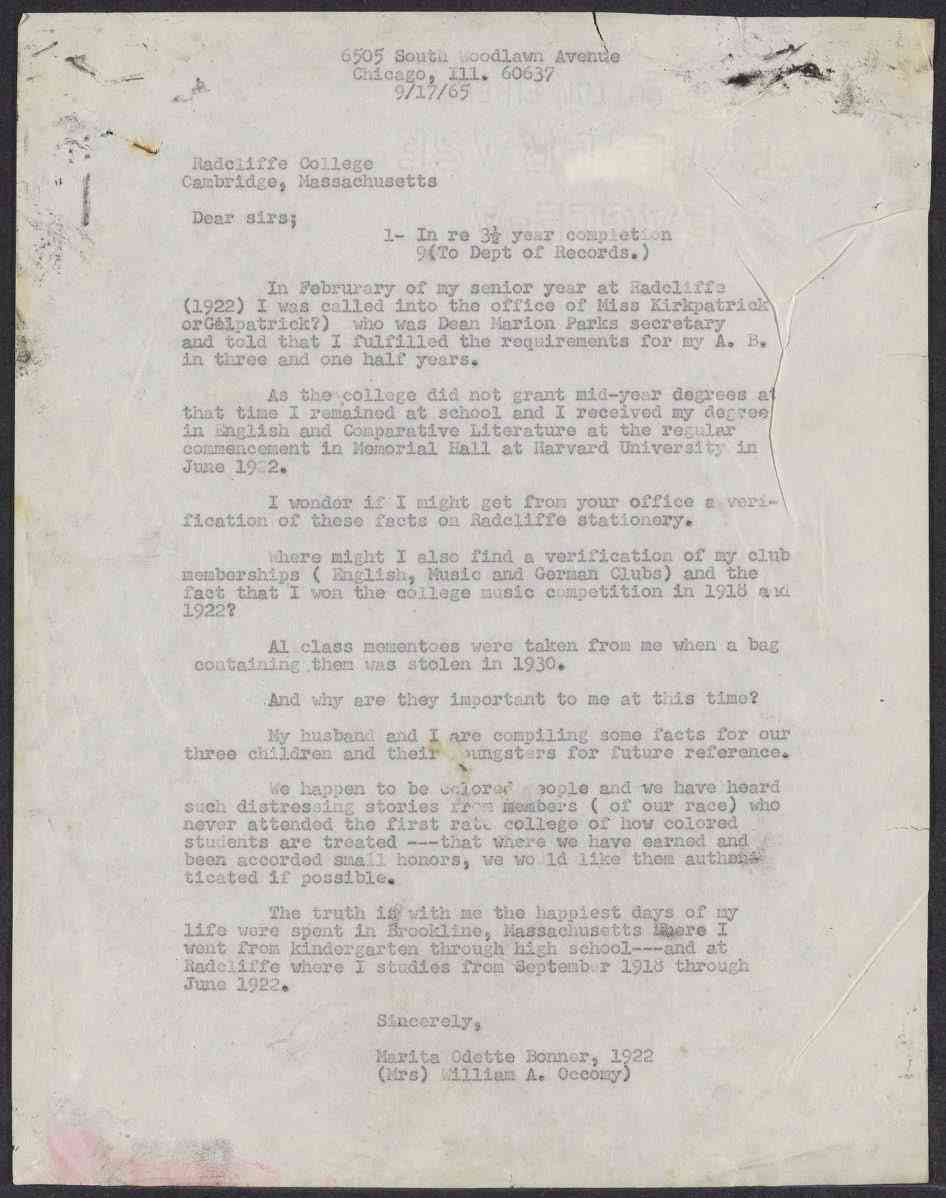 A letter written by Bonner asking for degree, awards, and activities at Radcliffe