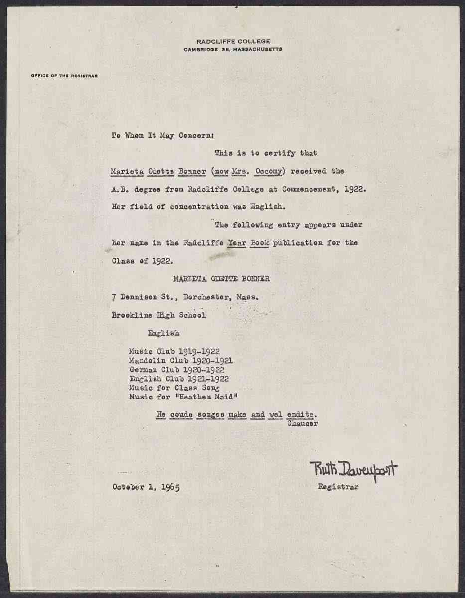 A letter from Radcliffe listing all of Bonner's degrees, awards, and accomplishments