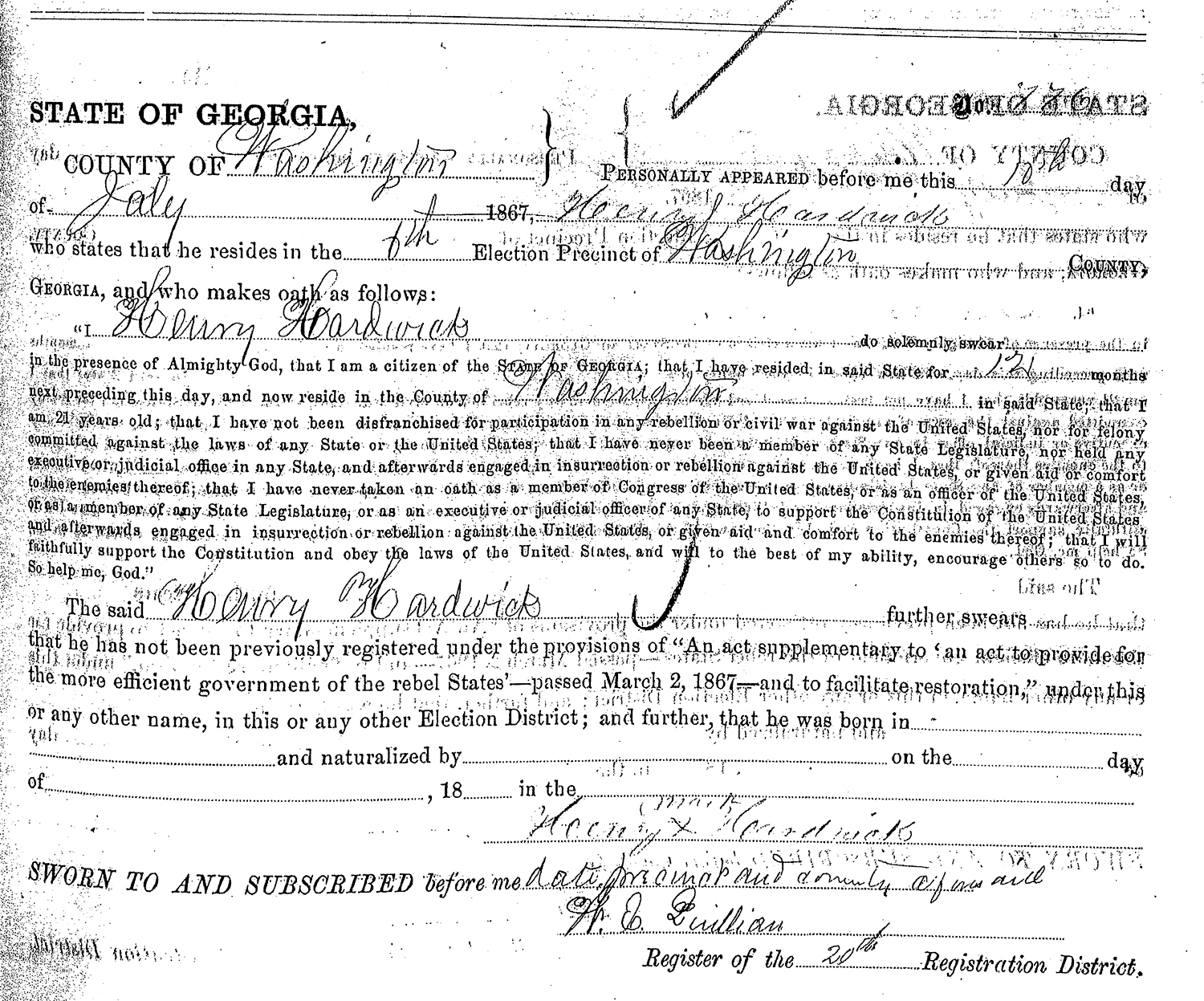 Henry Hardwick Voter Registration Certificate.