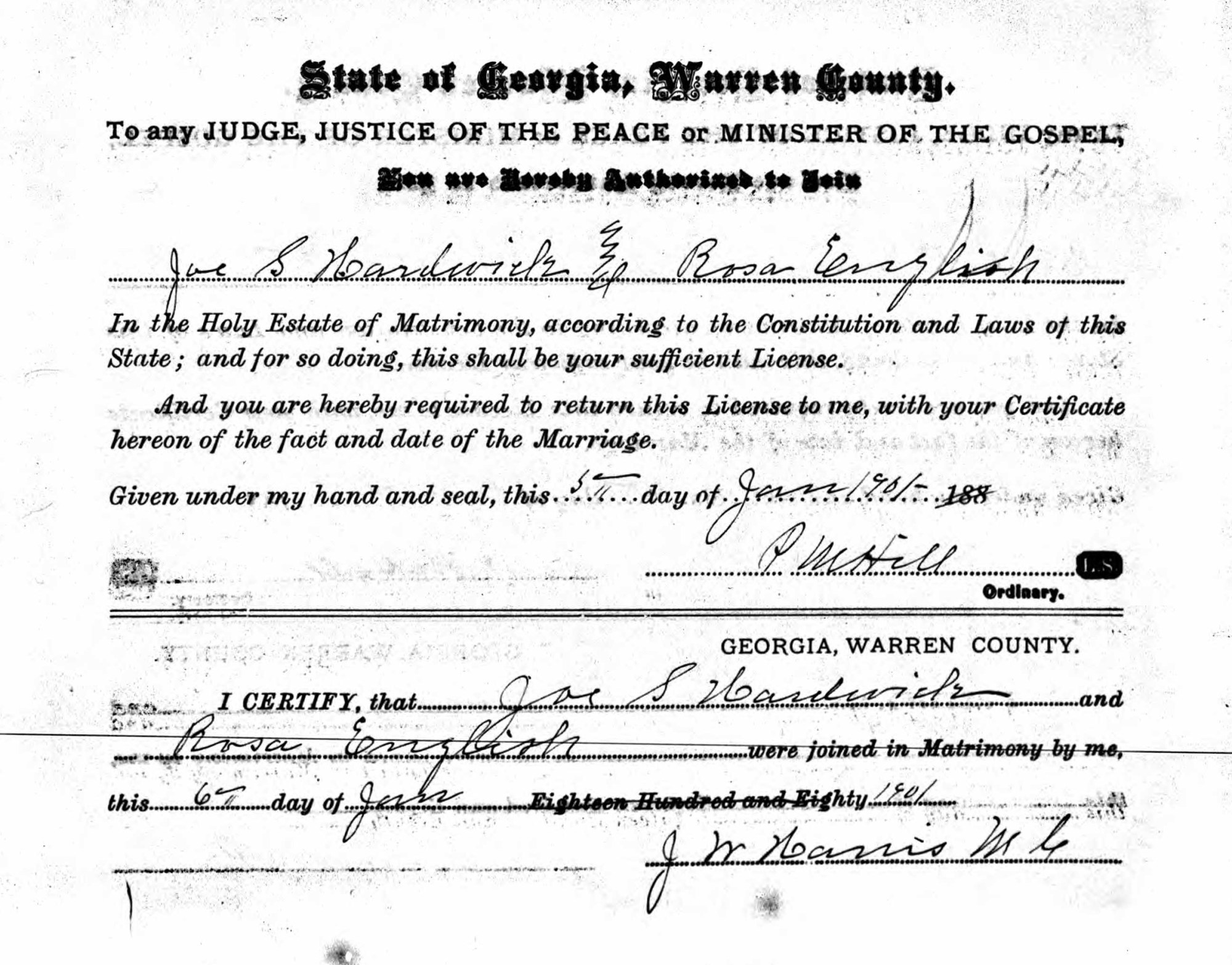 Joe and Rosa Hardwick Marriage Certificate.