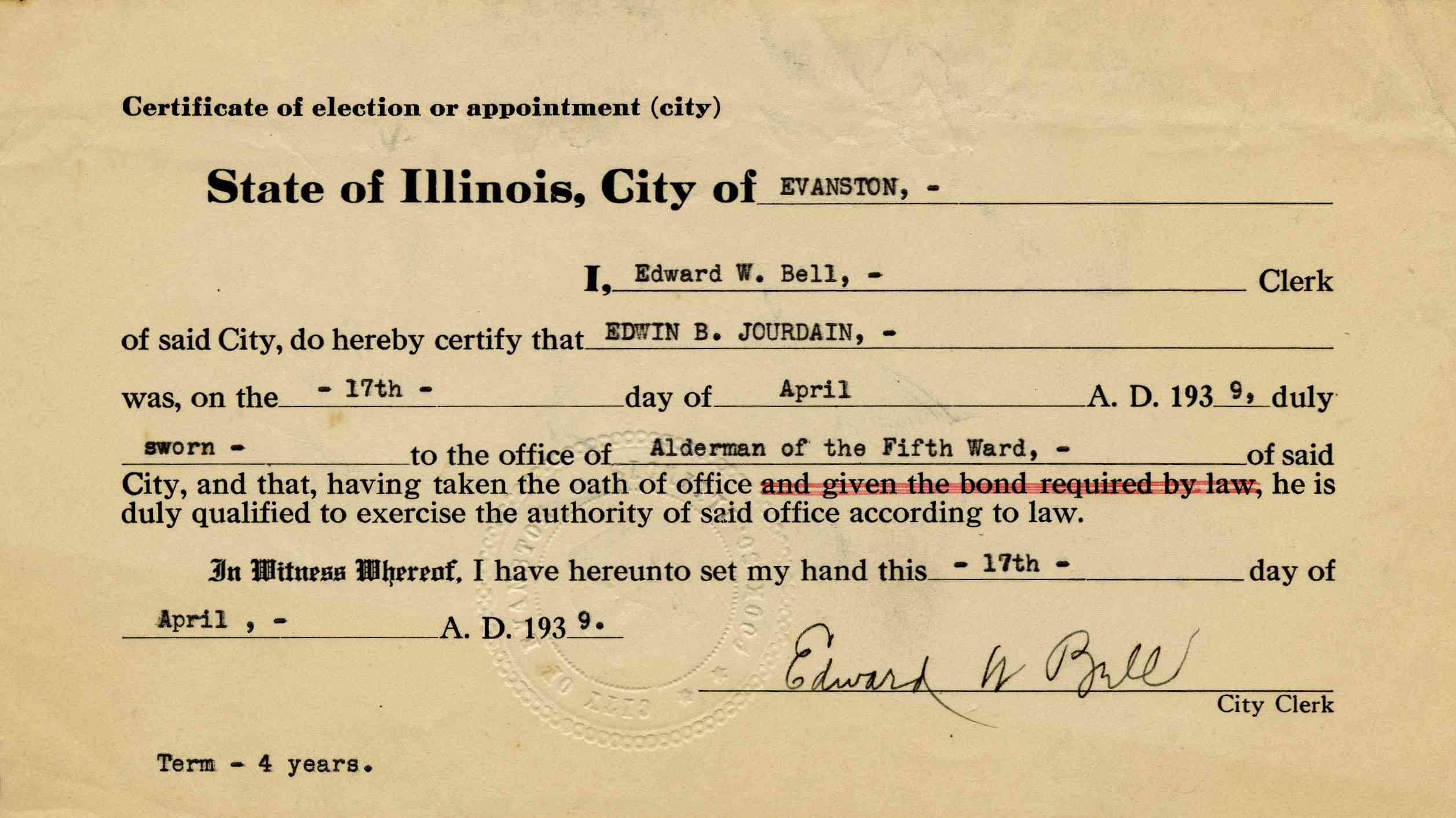 A certification that Edwin Jourdain was elected as Alderman