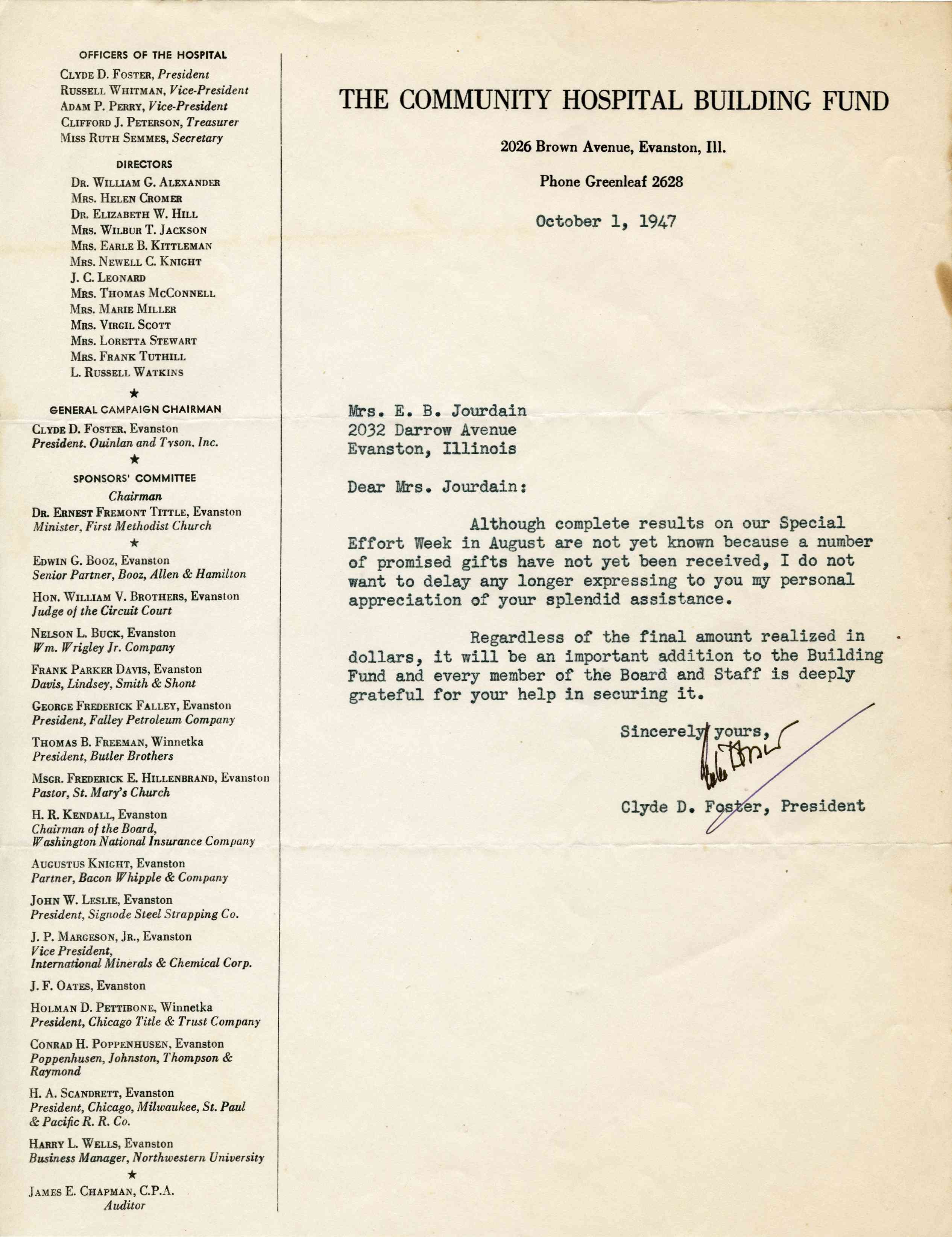 A letter from the President of the Community Hospital Building Fund