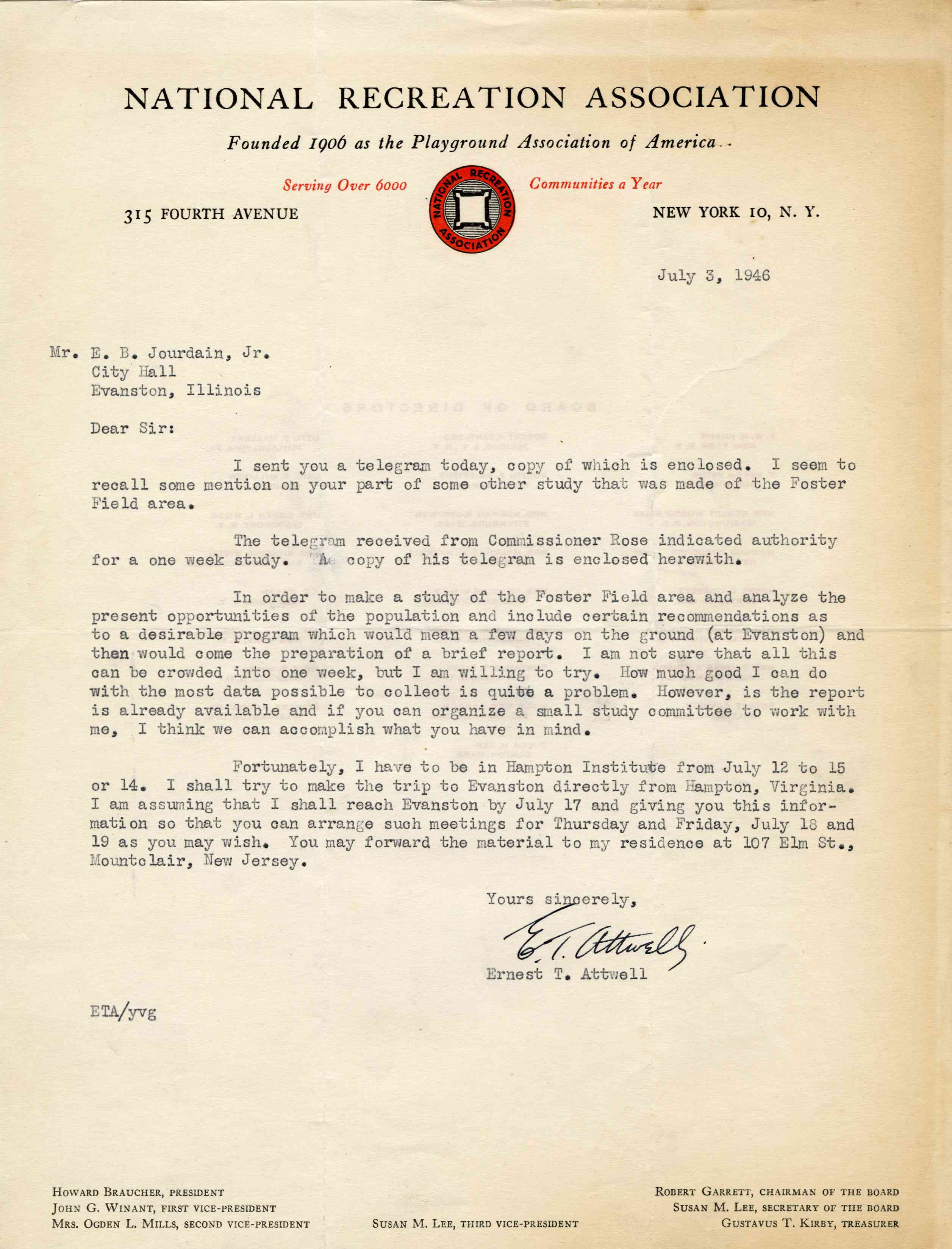 A letter from the National Recreation Association