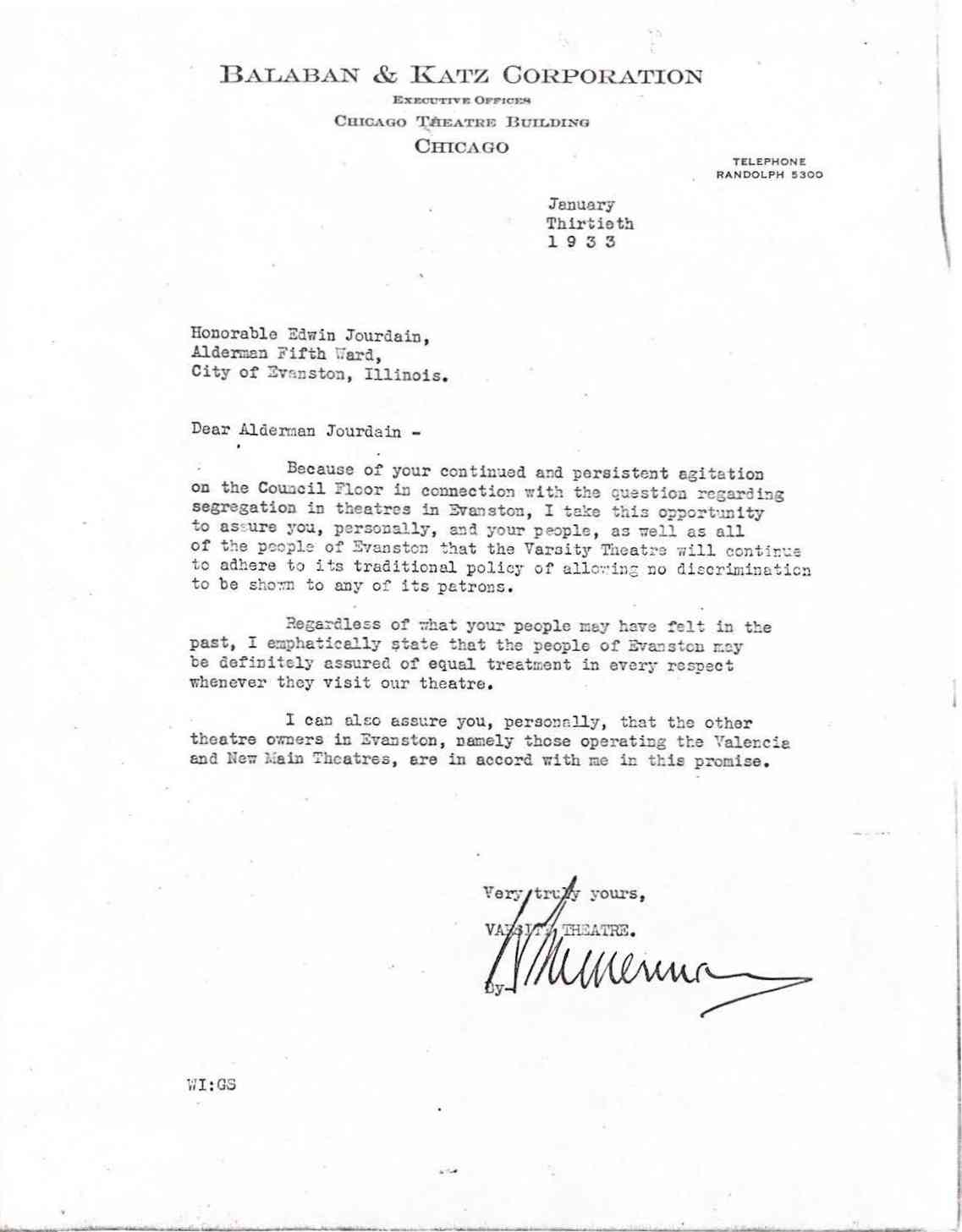 A letter regarding segregation in theatres in Evanston