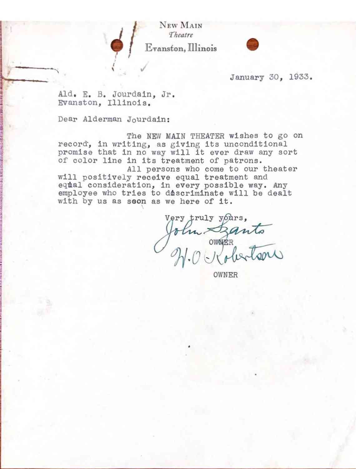 A letter from owners of the local New Main Theatre