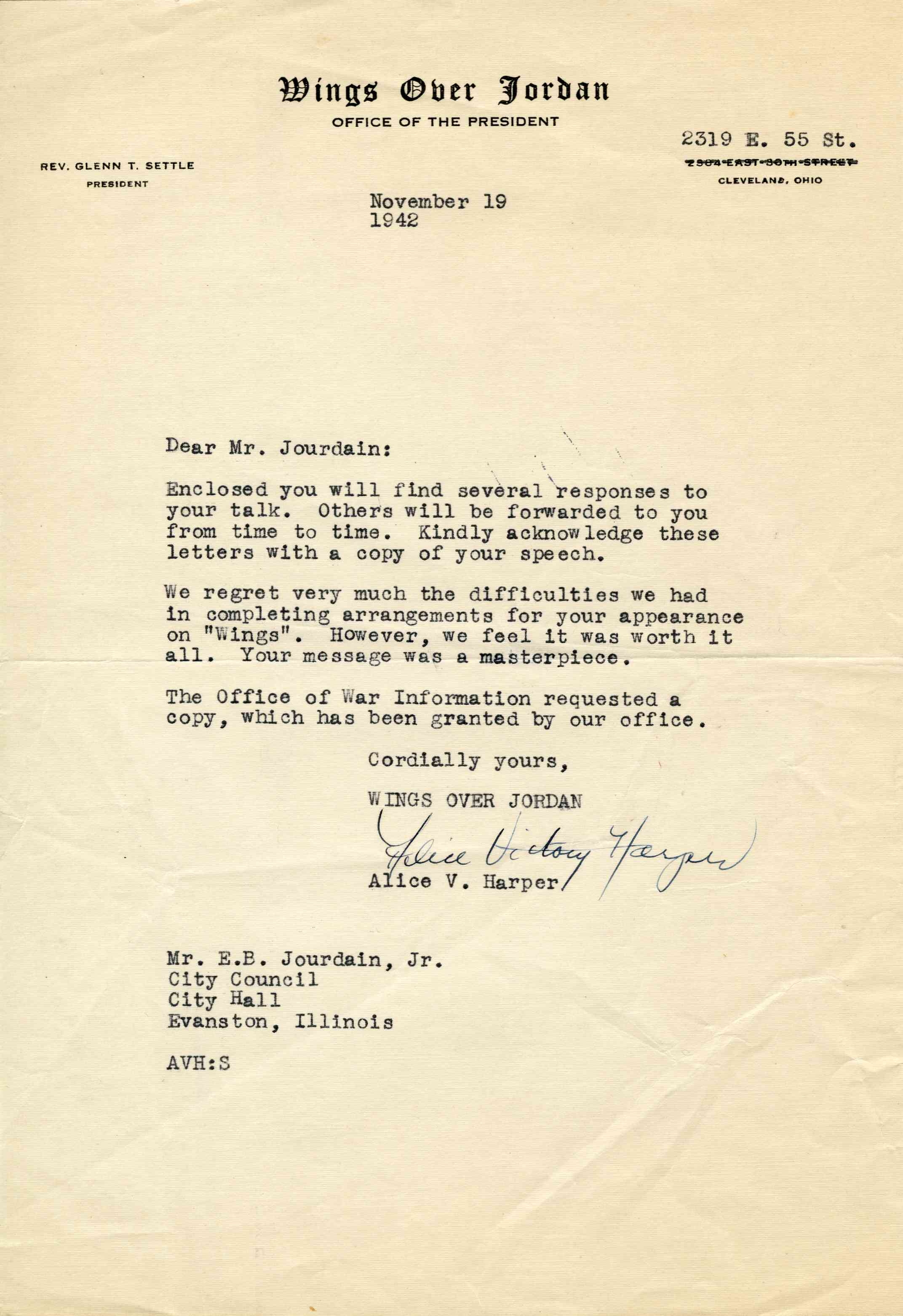 A letter from the radio show Wings Over Jordan