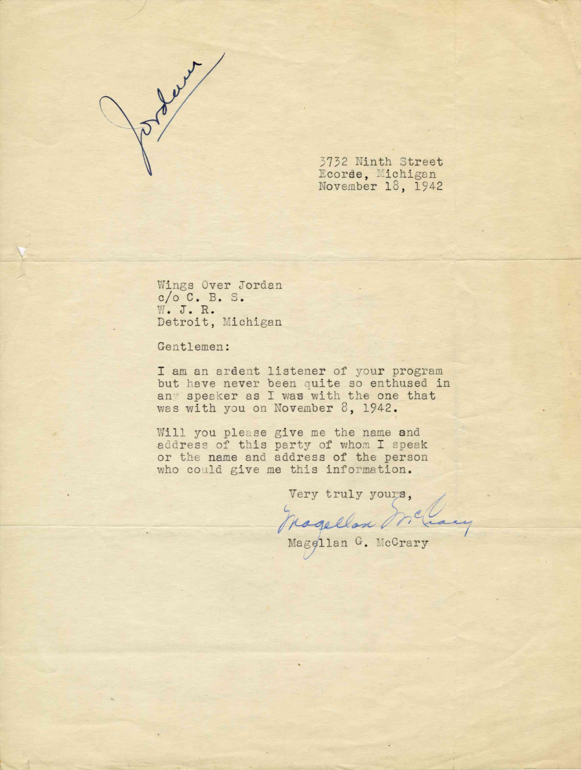 A letter from a regular Wings Over Jordan listener