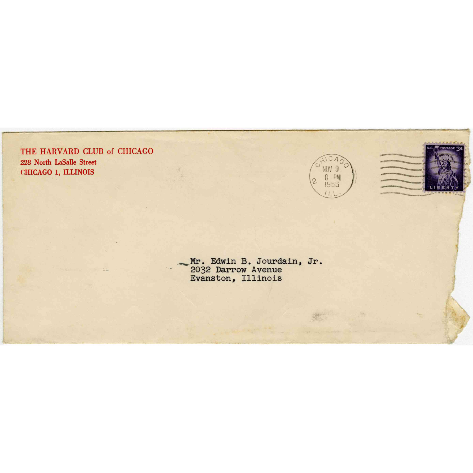 A letter from the Harvard Club of Chicago to Edwin B. Jourdain Jr
