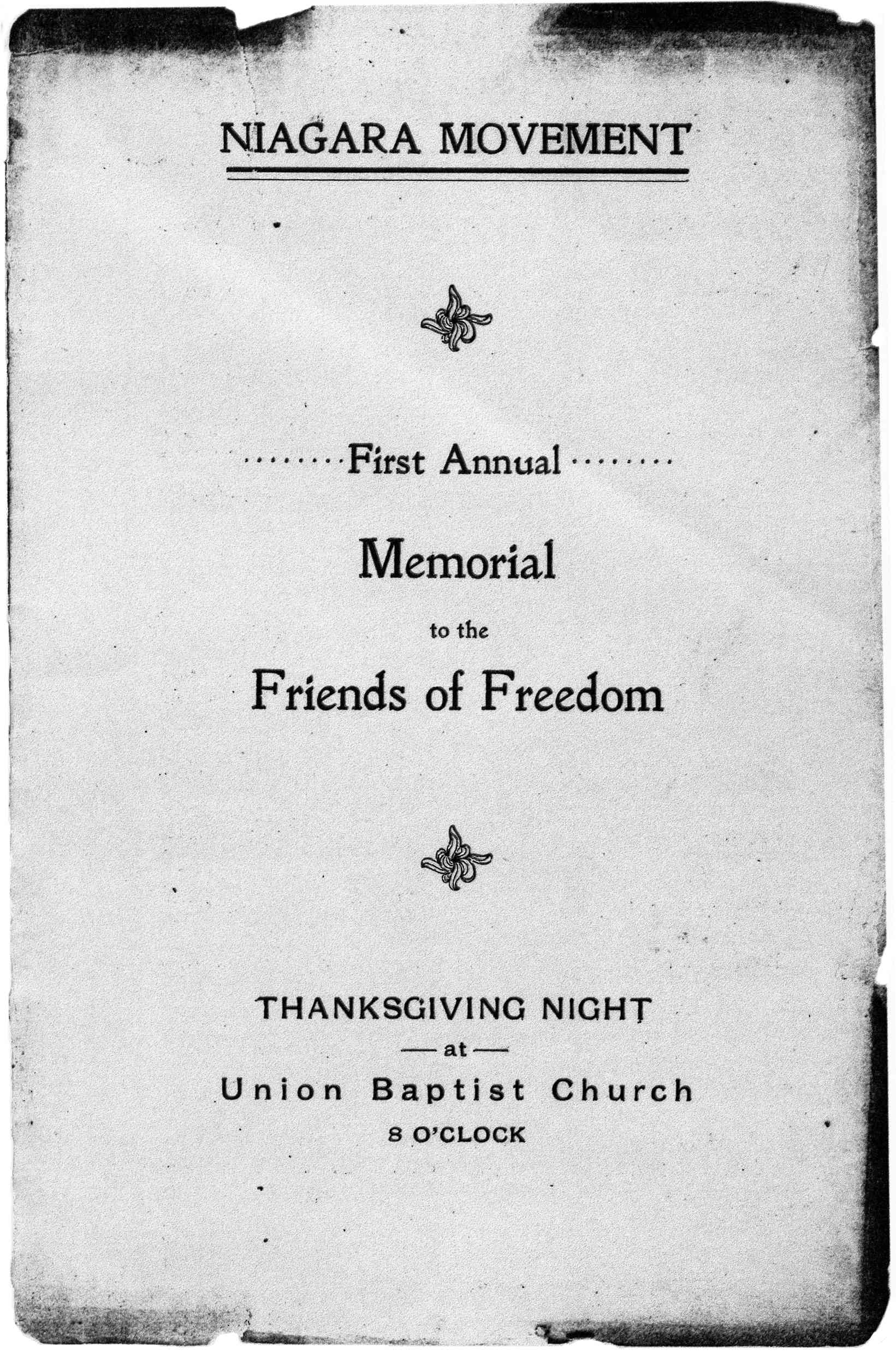 A poster for the Niagara Movement First Annual Memorial to the Friends of Freedom