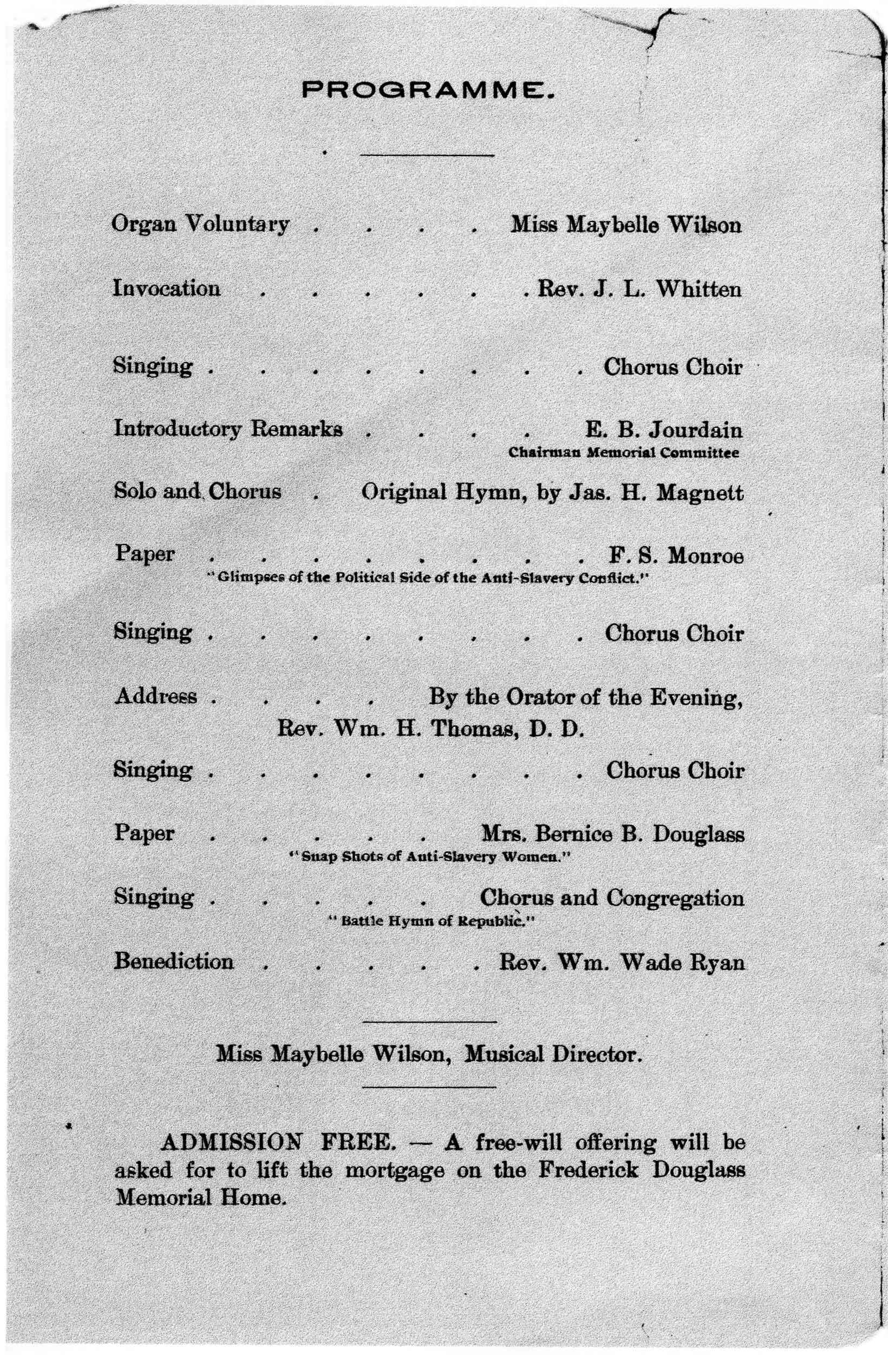 The program for the Niagara Movement First Annual Memorial to the Friends of Freedom