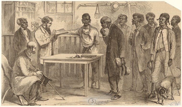 A drawing of Black people registering to vote