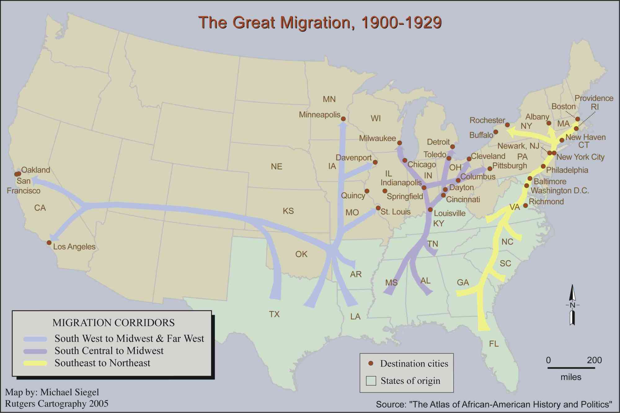 A map showing how African Americans went north and west during the Great Migration