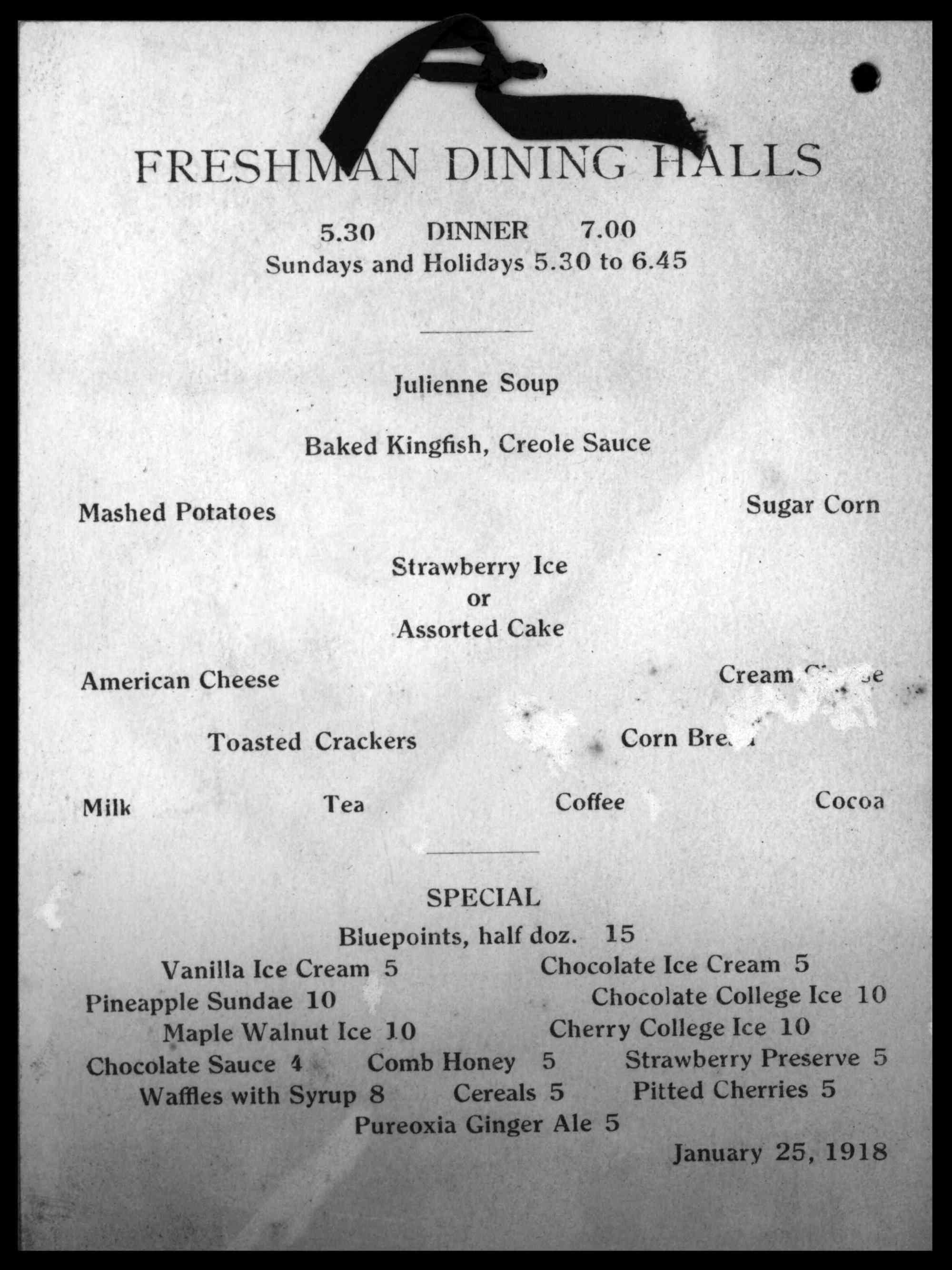 The Freshman Dining Hall menu featuring Julienne Soup, Baked Kingfish, Mashed Potatoes, and various deserts
